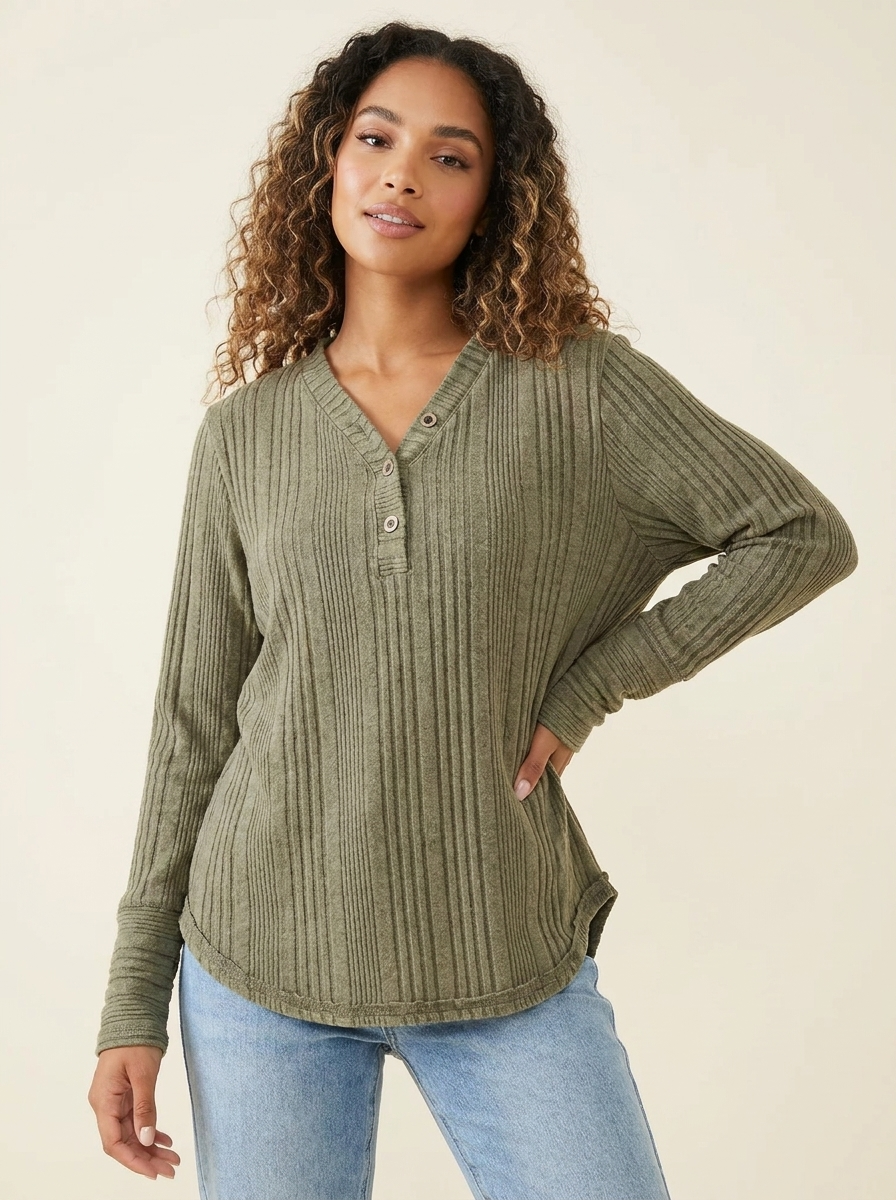 Ribbed Button Long Sleeve Blouse Sage