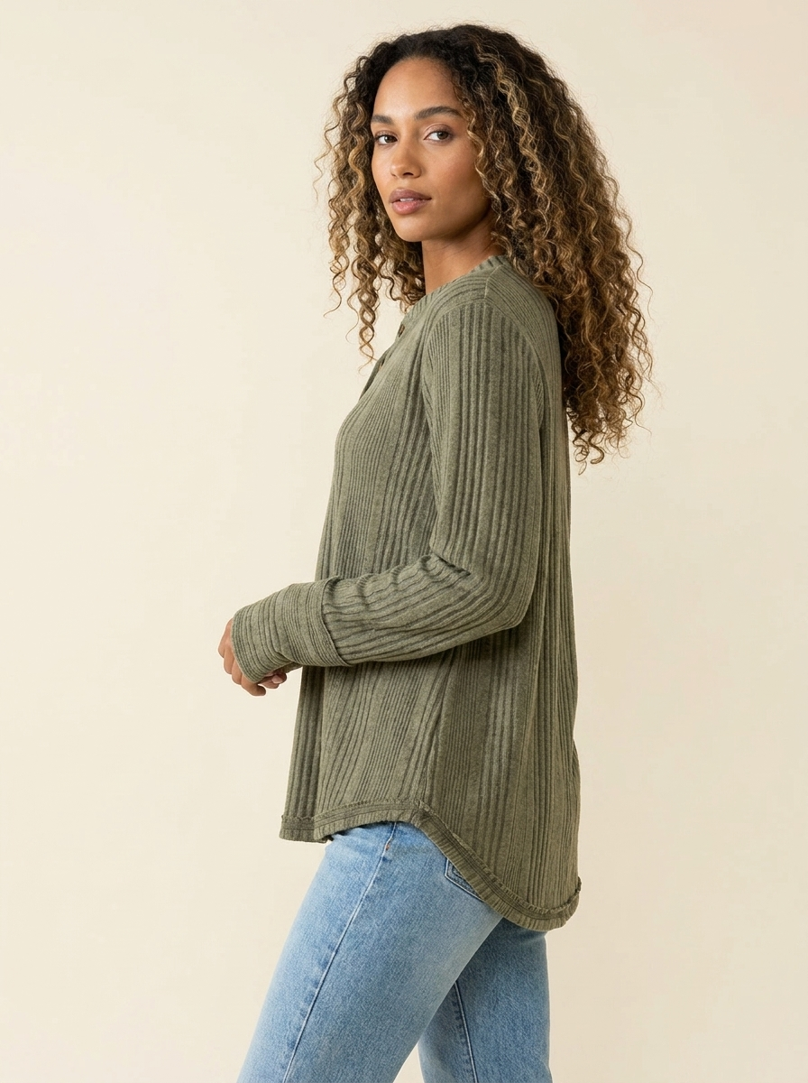 Ribbed Button Long Sleeve Blouse Sage