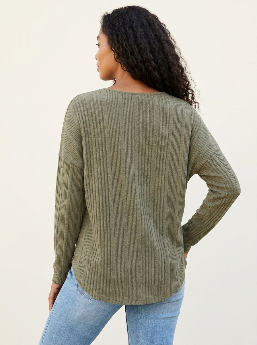 Ribbed Button Long Sleeve Blouse Sage