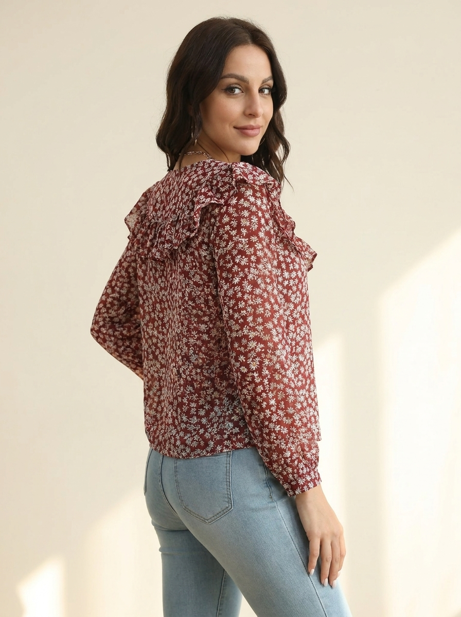 Statement Collar Long Sleeve Blouse Deep Red