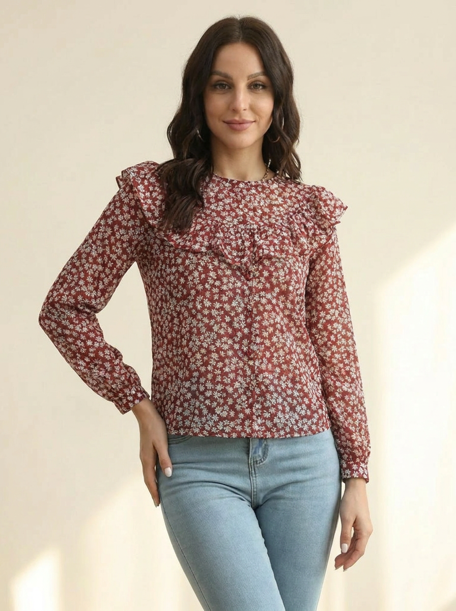 Statement Collar Long Sleeve Blouse Deep Red