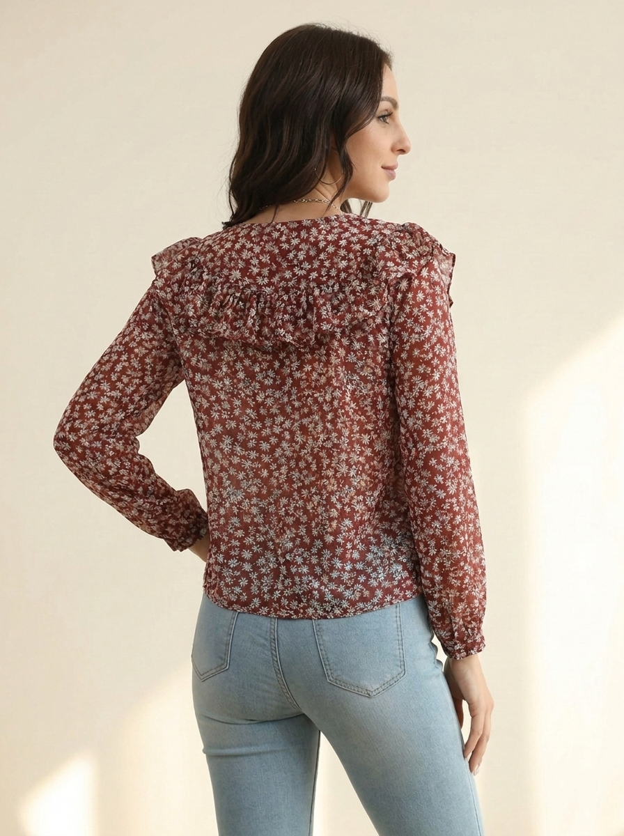 Statement Collar Long Sleeve Blouse Deep Red