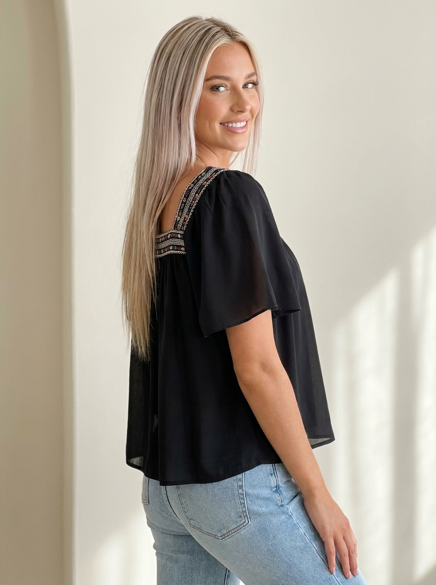 Contrast Square Neck Blouse Black