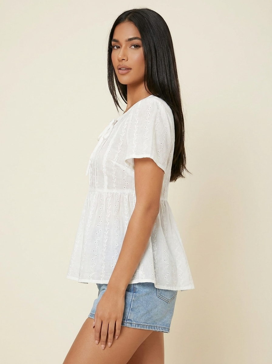 Tied Button Puff Sleeve Blouse White