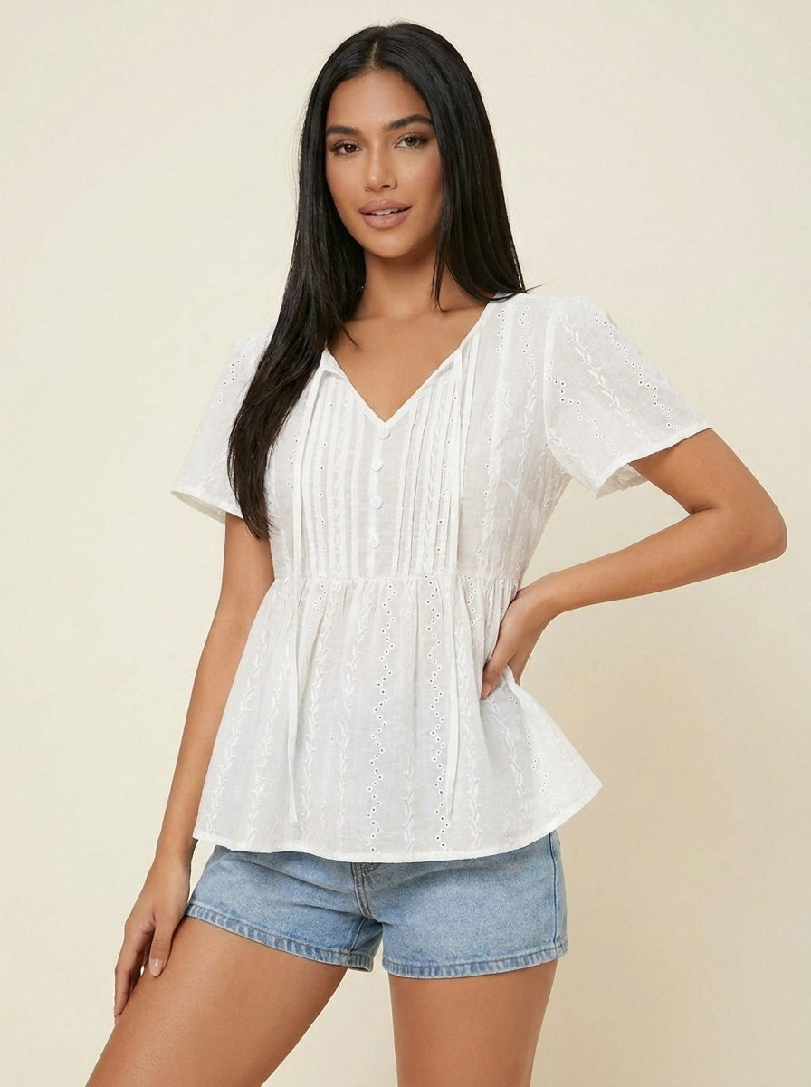 Tied Button Puff Sleeve Blouse White