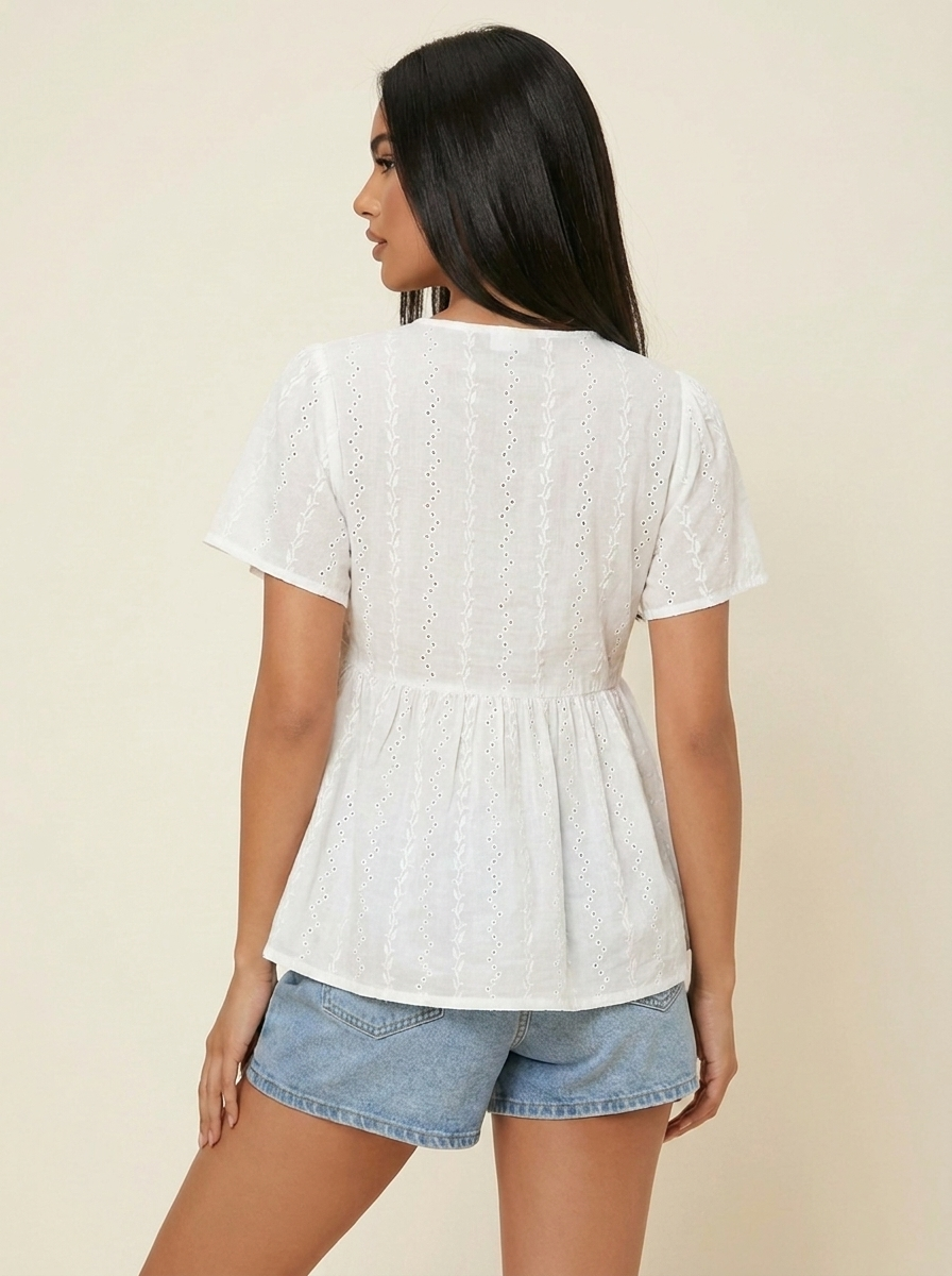 Tied Button Puff Sleeve Blouse White