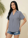 Lapel Collar Blouse Navy Stripe front