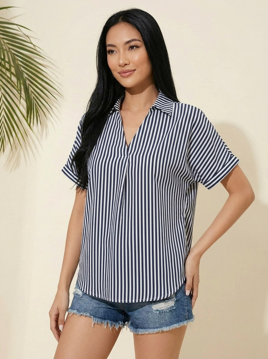 Lapel Collar Blouse Navy Stripe front
