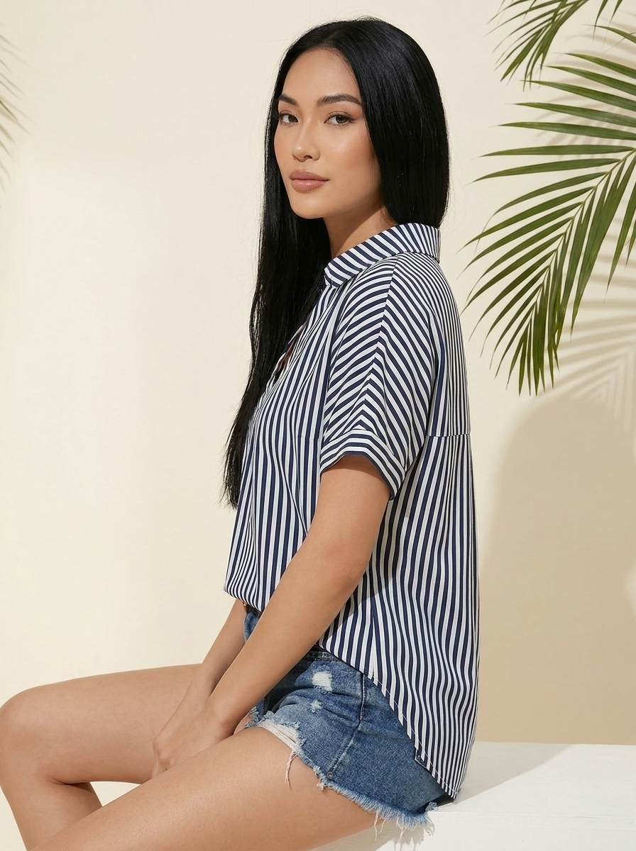 Lapel Collar Blouse Navy Stripe side