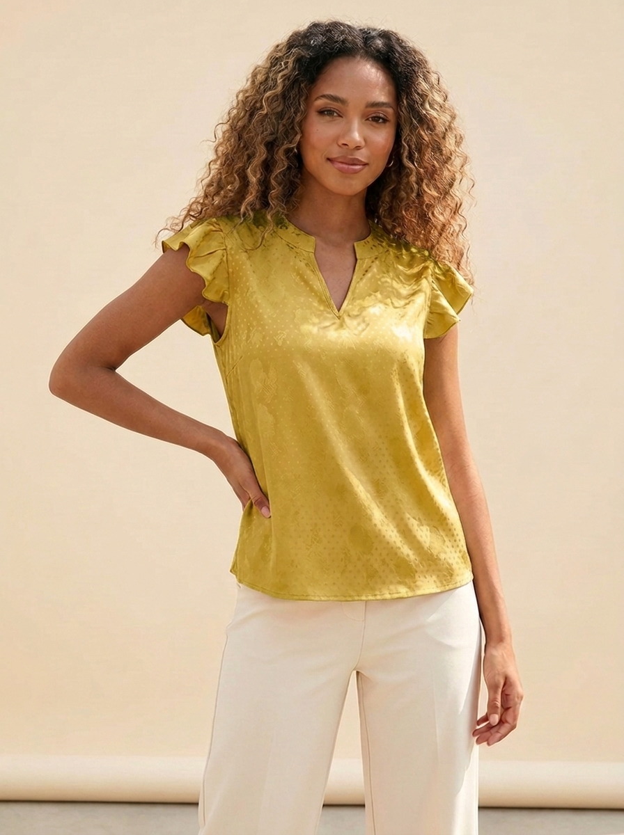Notched Butterfly Sleeve Blouse Yellow front