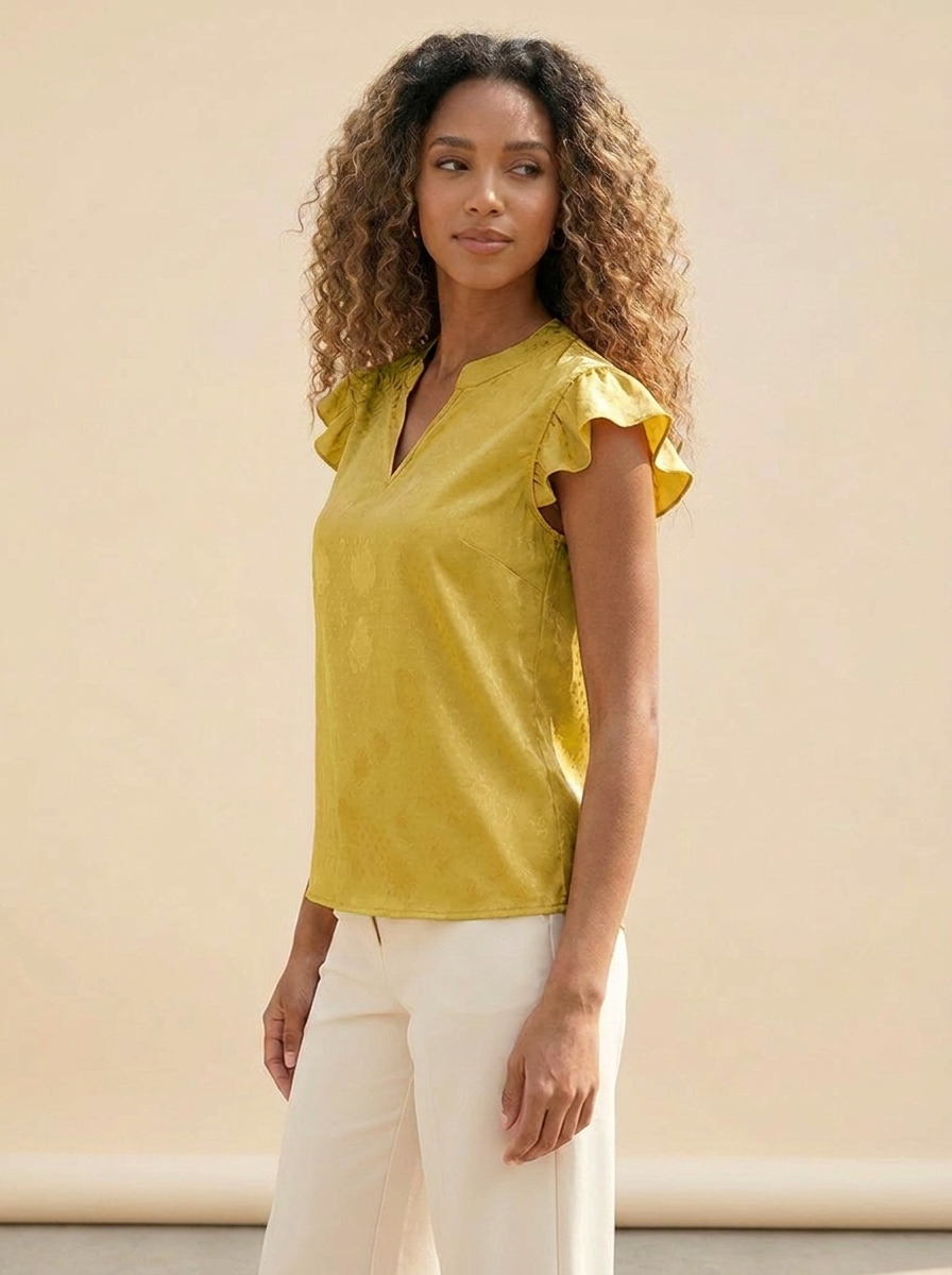 Notched Butterfly Sleeve Blouse Yellow side