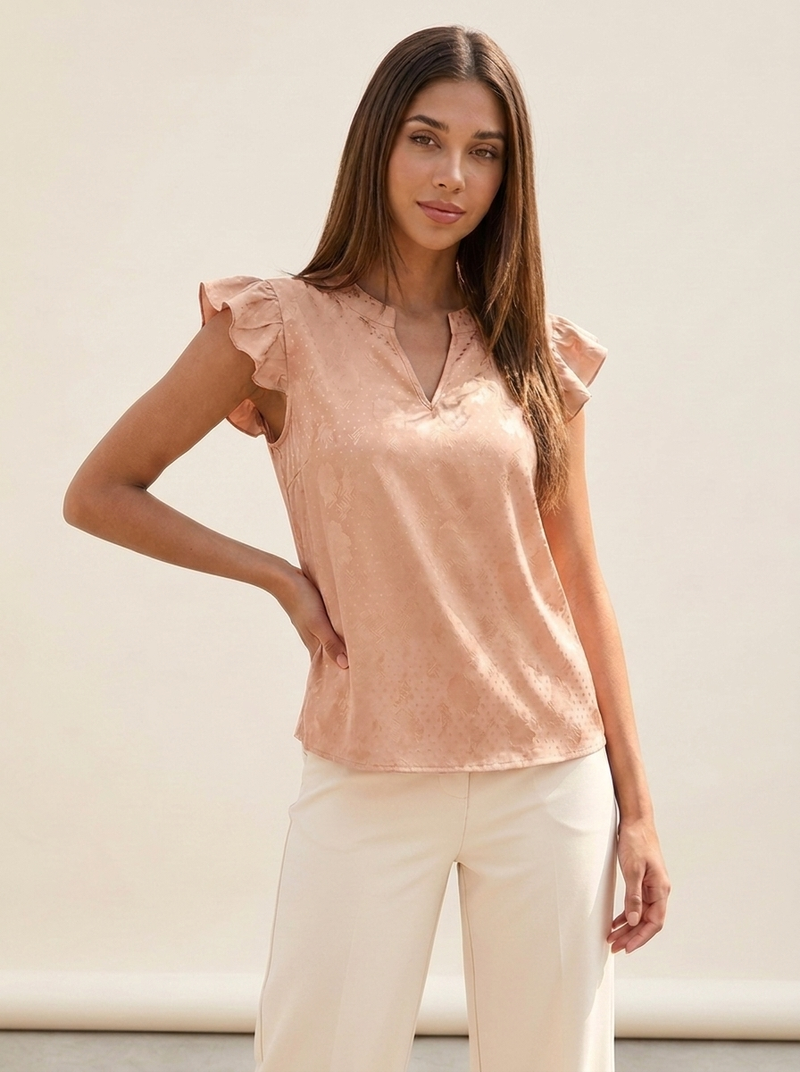 Notched Butterfly Sleeve Blouse Apricot front