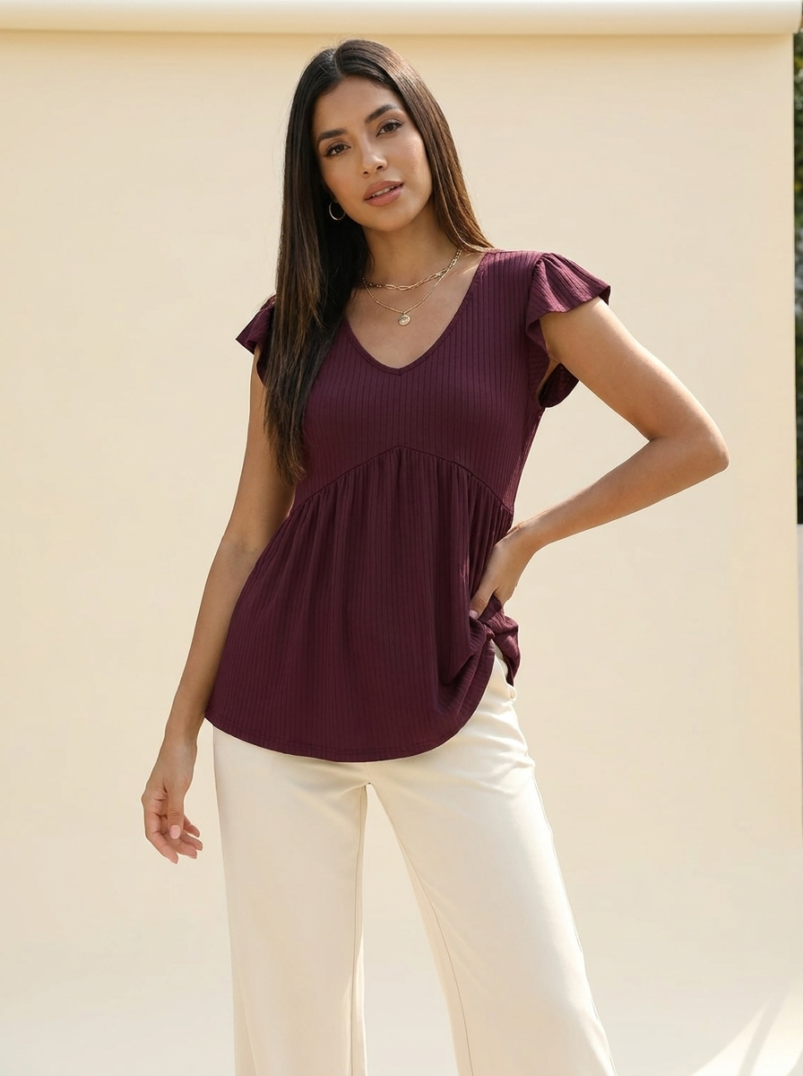 V-Neck Babydoll Blouse Wine front