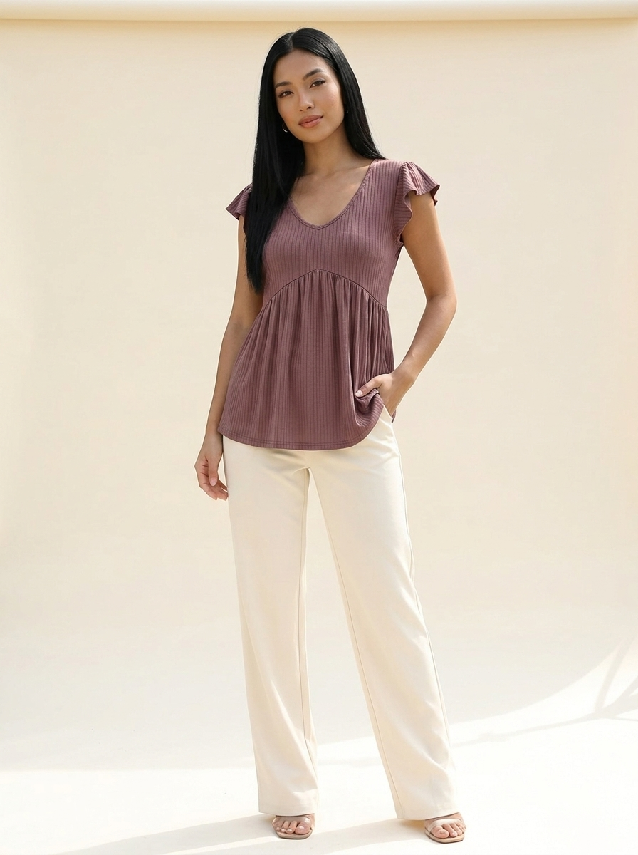 V-Neck Babydoll Blouse Mocha front