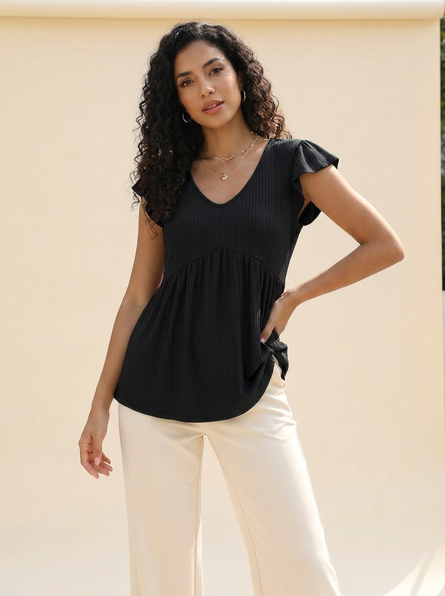 V-Neck Babydoll Blouse Black front