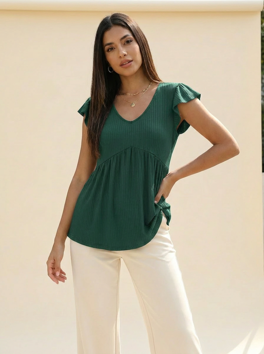 V-Neck Babydoll Blouse Mid Green front