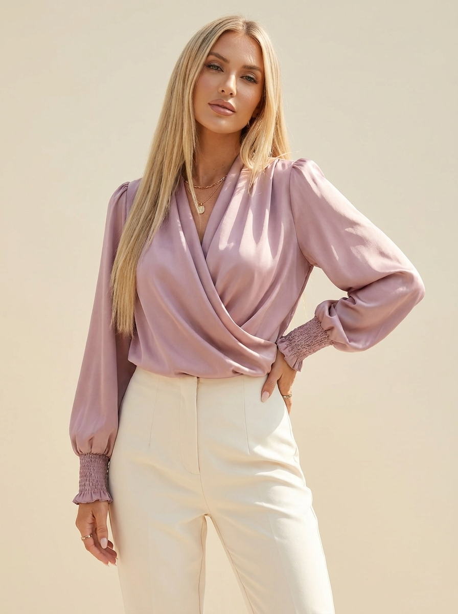 Surplice Lantern Sleeve Blouse Light Mauve front