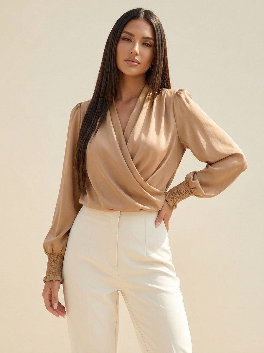 Surplice Lantern Sleeve Blouse Tan front