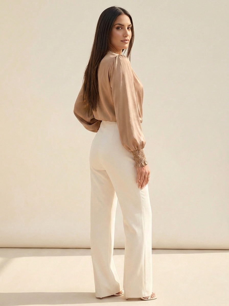 Surplice Lantern Sleeve Blouse Tan side