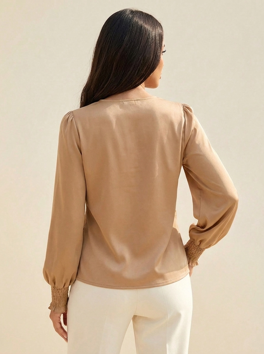 Surplice Lantern Sleeve Blouse Tan back