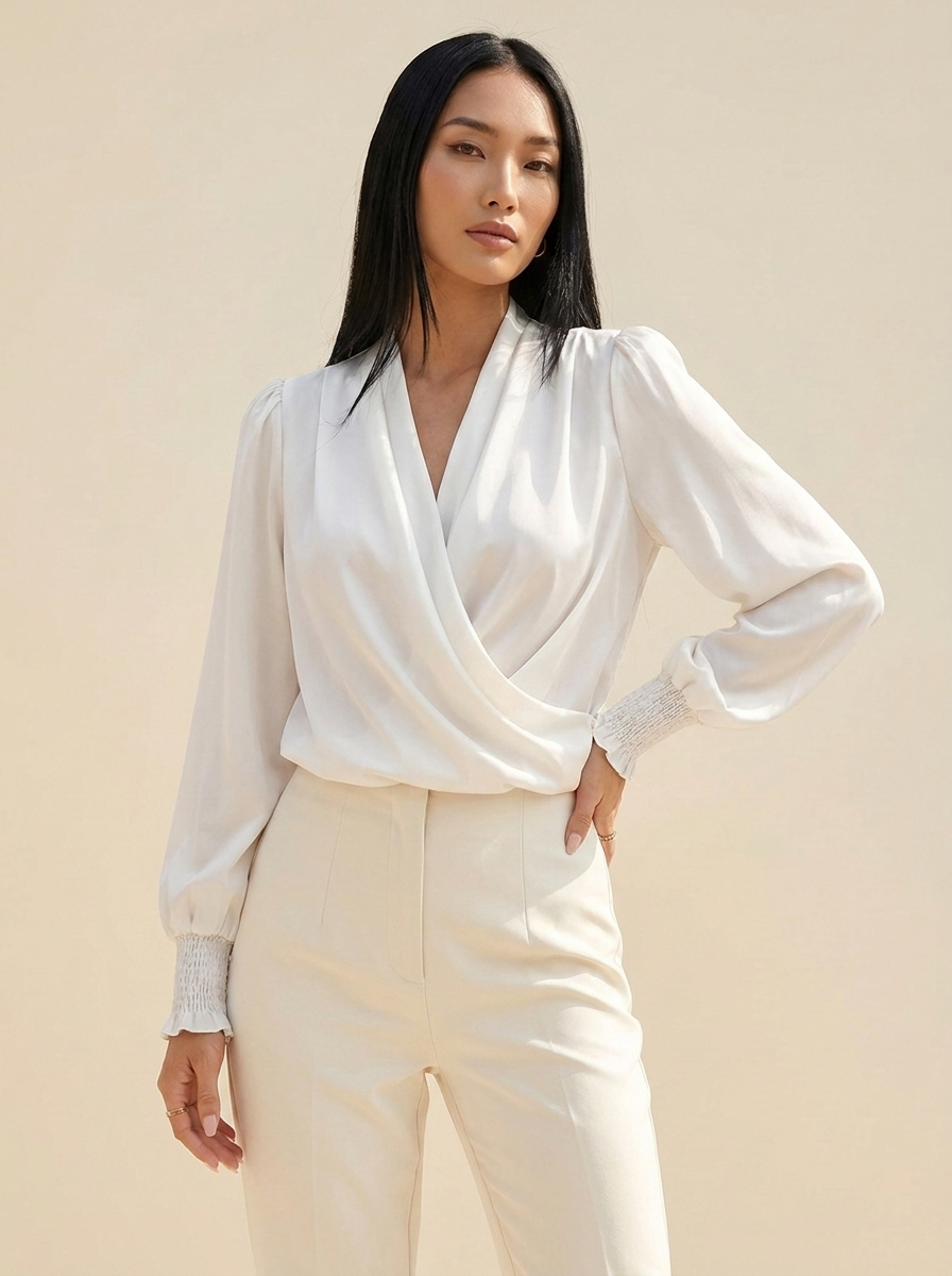 Surplice Lantern Sleeve Blouse White front