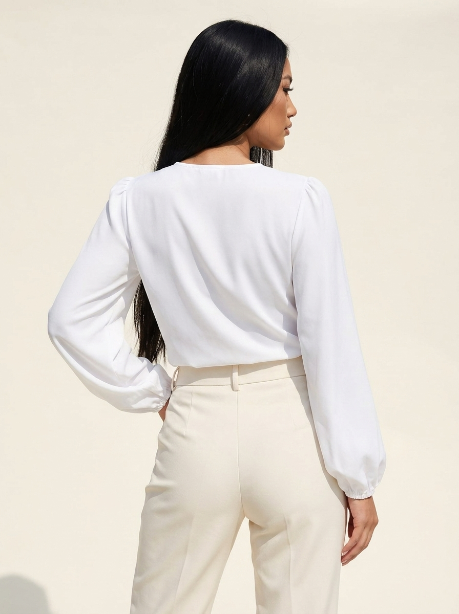 Surplice Lantern Sleeve Blouse White back