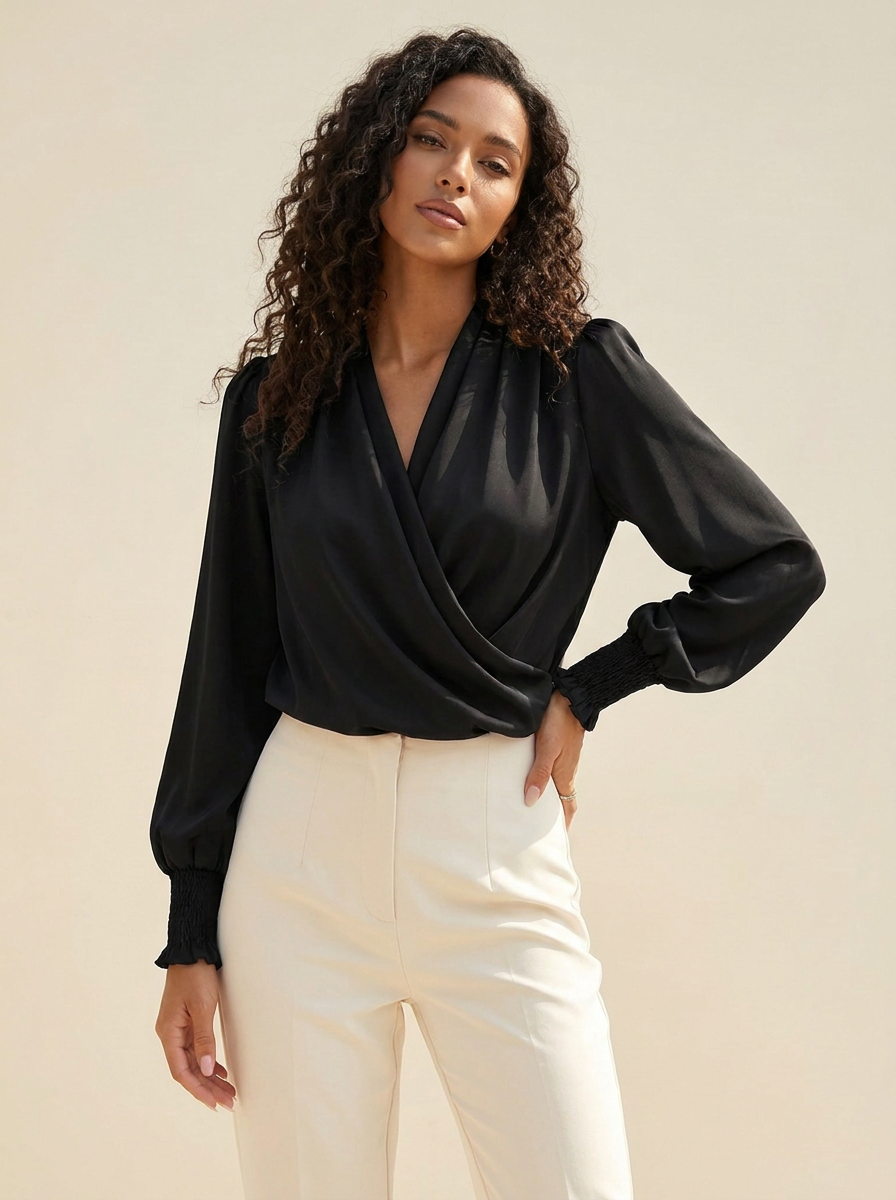 Surplice Lantern Sleeve Blouse Black front