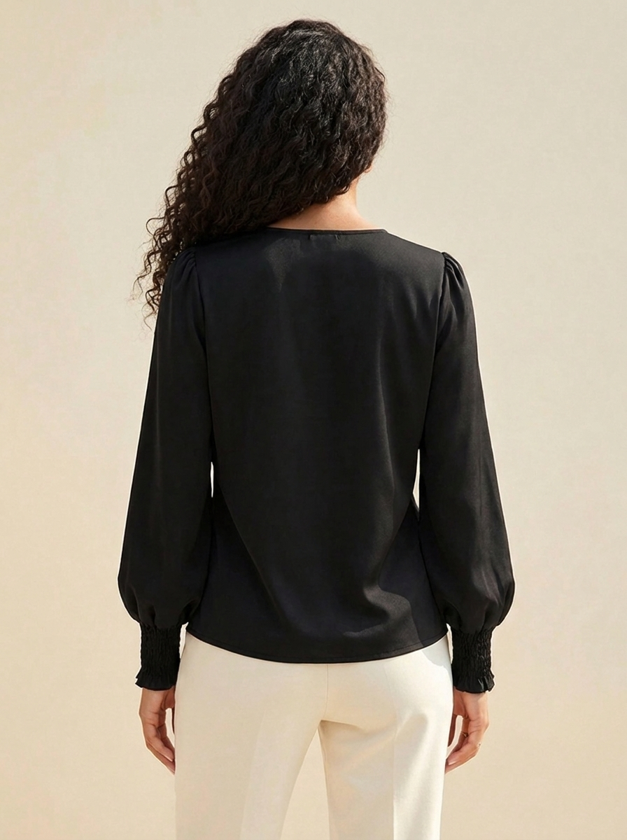Surplice Lantern Sleeve Blouse Black back