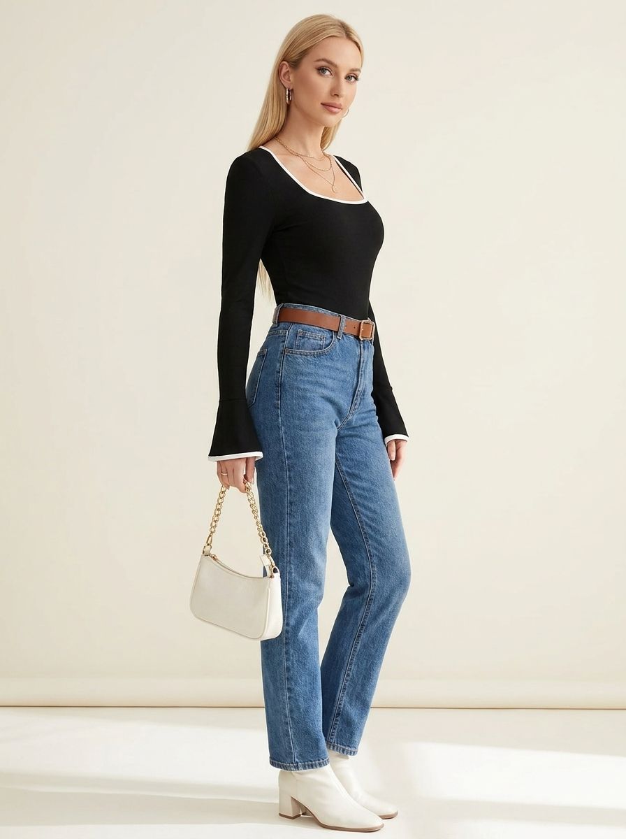Long Sleeve Contrast Bodysuit Black side