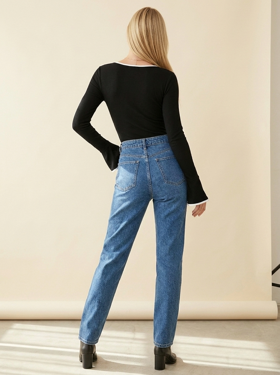 Long Sleeve Contrast Bodysuit Black back tucked
