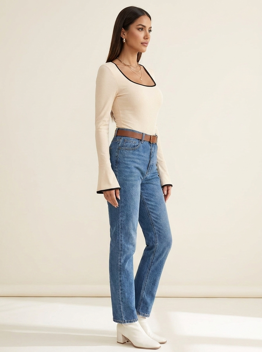 Long Sleeve Contrast Bodysuit Eggshell side