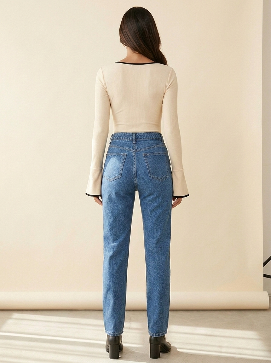Long Sleeve Contrast Bodysuit Eggshell back tucked