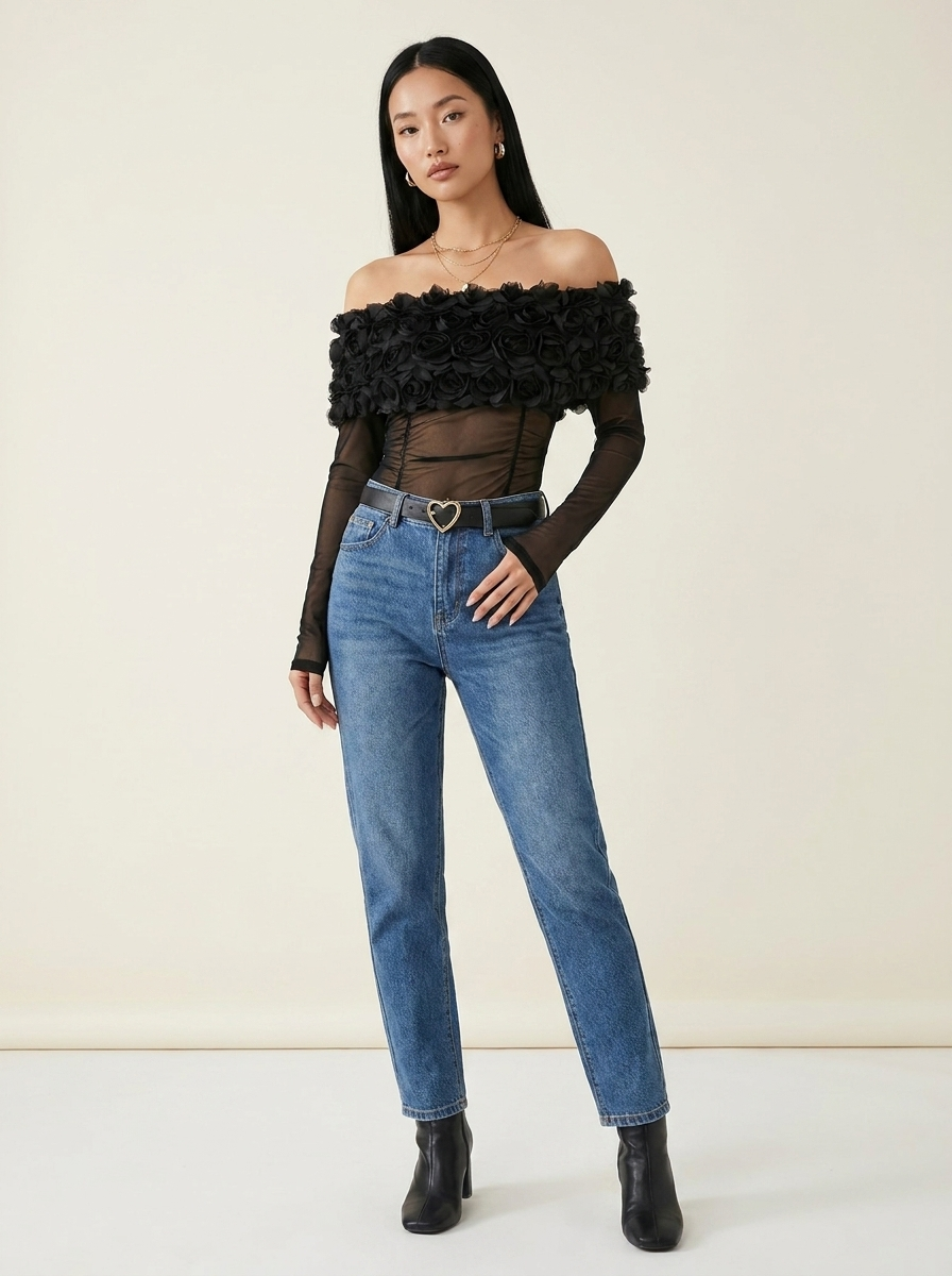 Flower Mesh Bodysuit Black front tucked