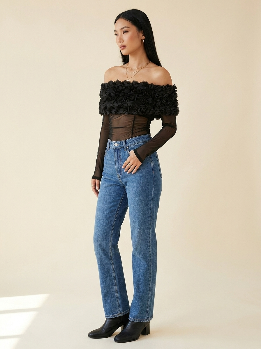 Flower Mesh Bodysuit Black side