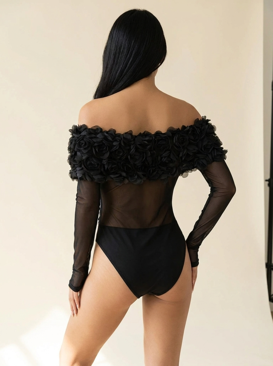 Flower Mesh Bodysuit Black bodysuit back