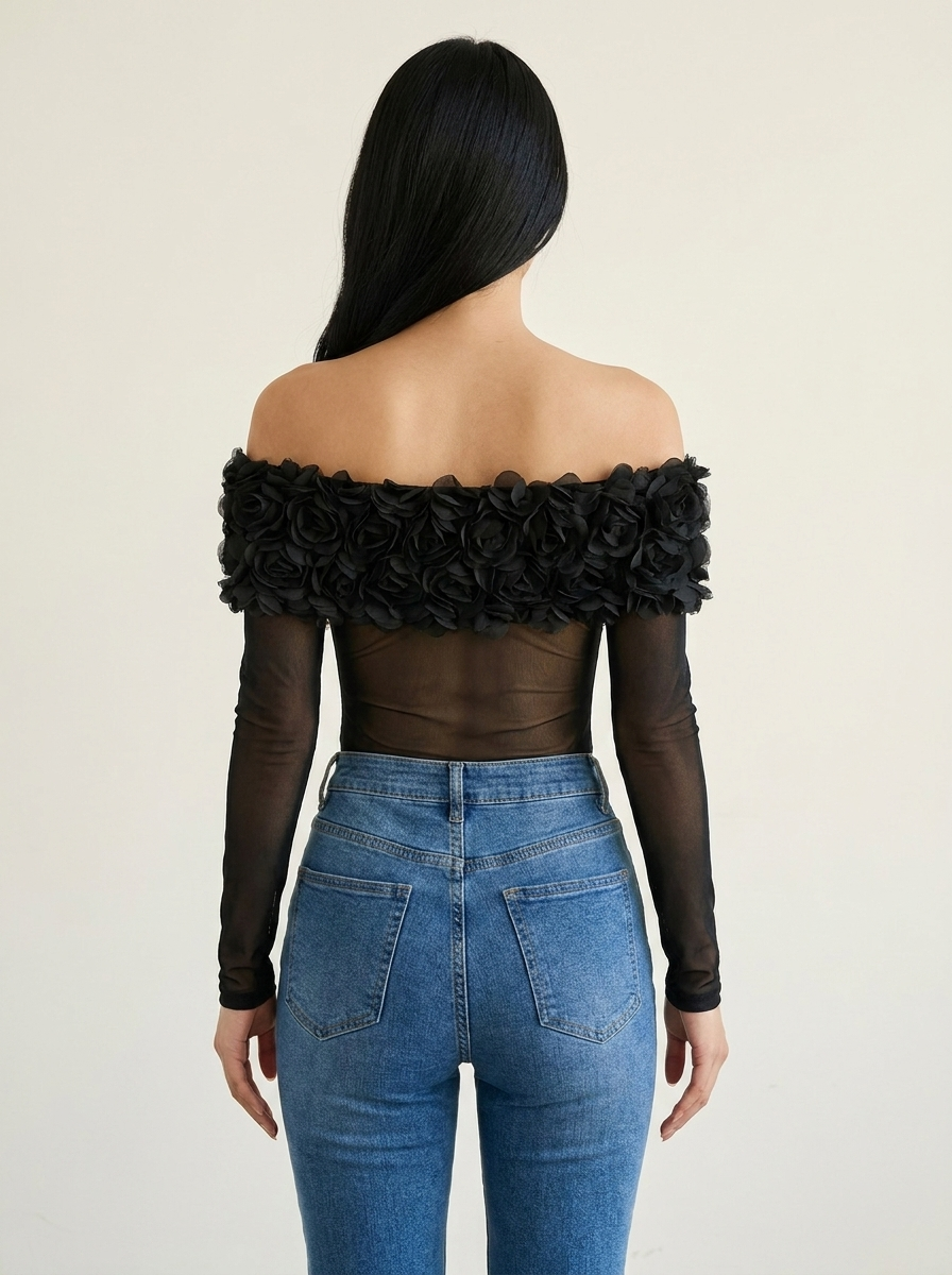 Flower Mesh Bodysuit Black back tucked