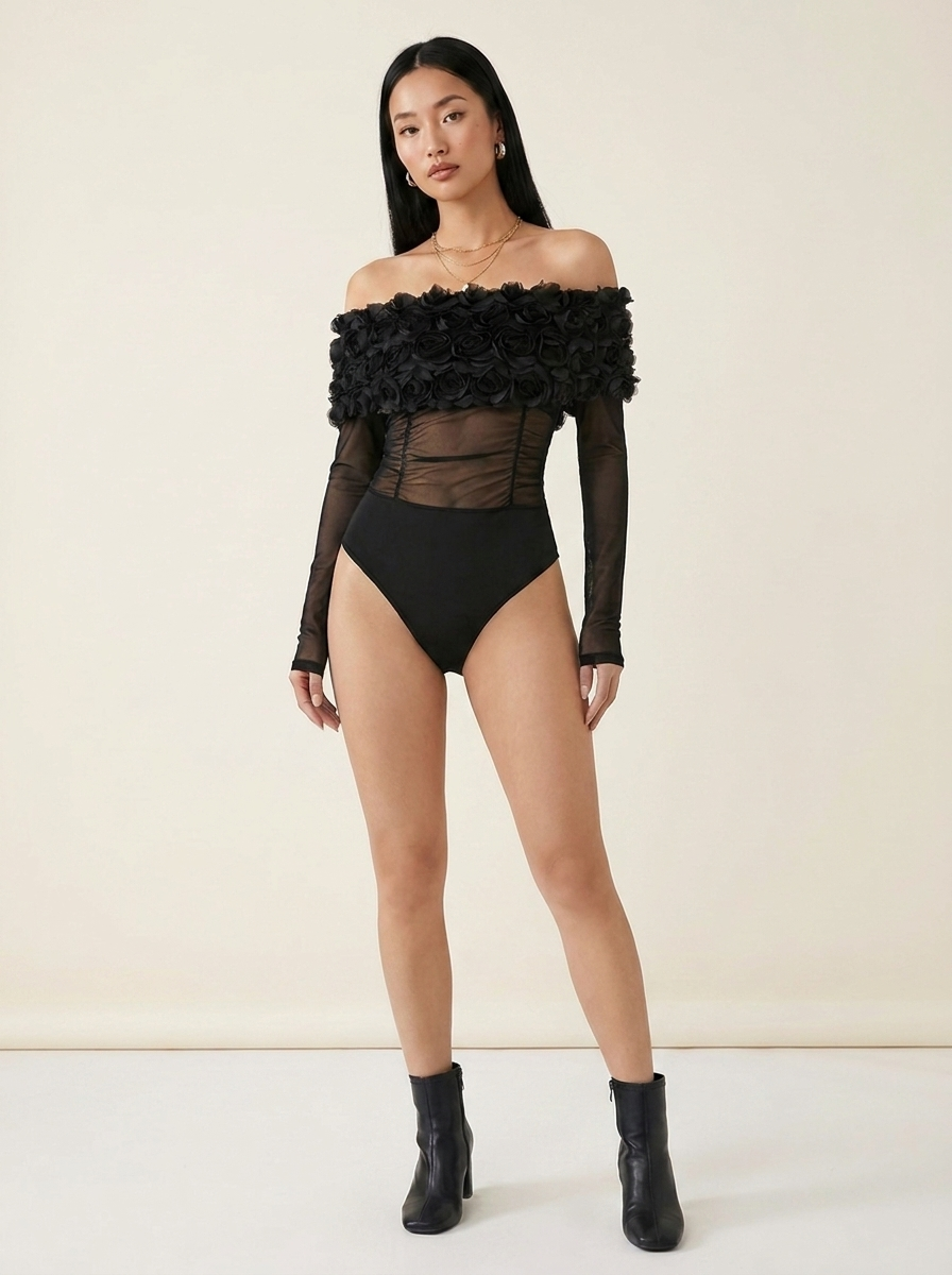 Flower Mesh Bodysuit Black bodysuit front