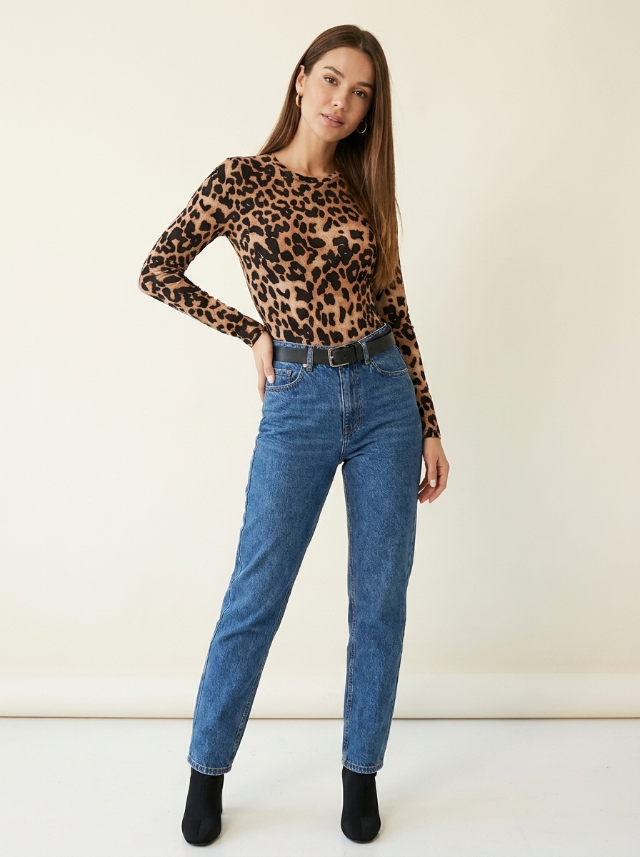 Leopard Long Sleeve Bodysuit Camel front tucked