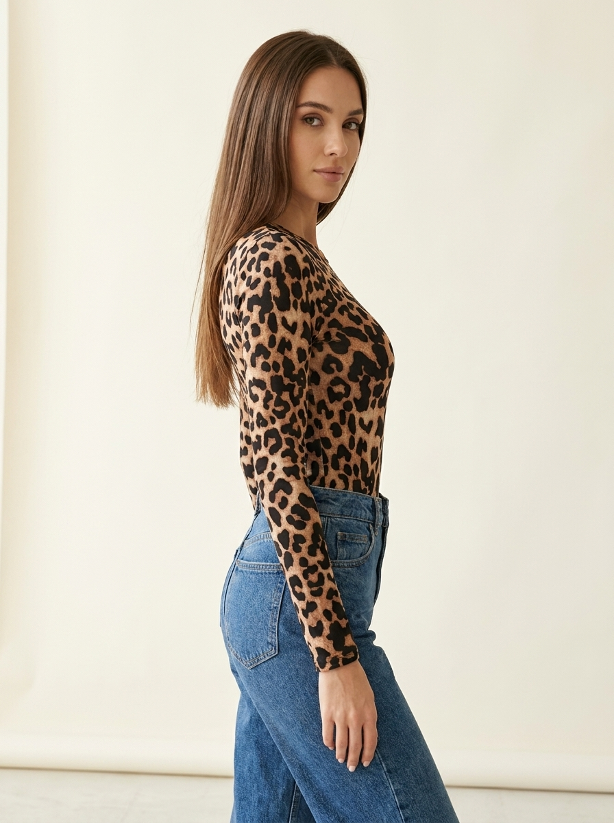 Leopard Long Sleeve Bodysuit Camel side