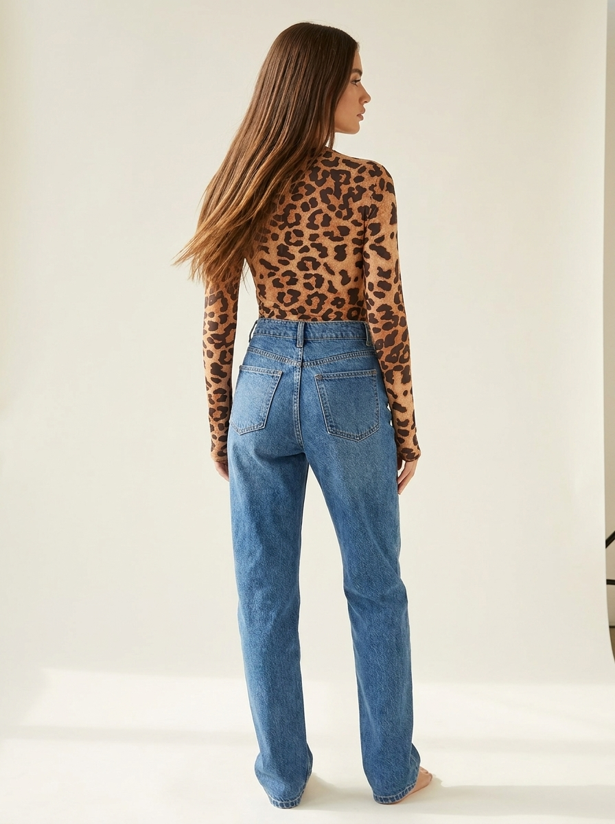Leopard Long Sleeve Bodysuit Camel back tucked