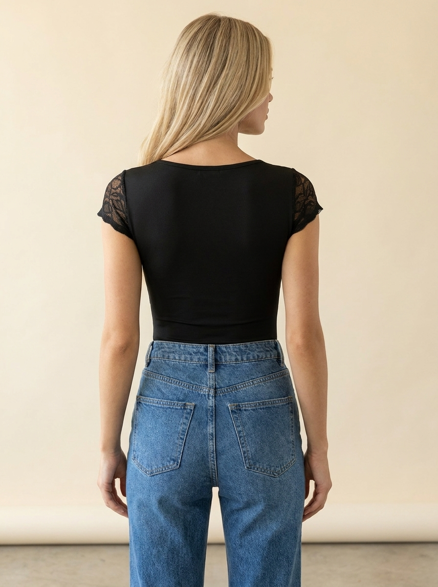 Lace Sweetheart Bodysuit Black back tucked
