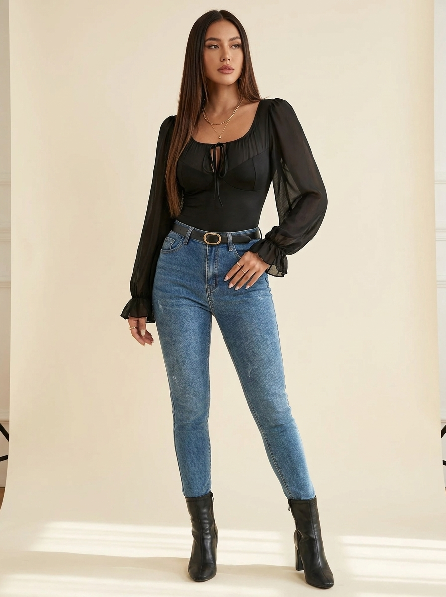 Tie Front Flounce Bodysuit Black front tucked