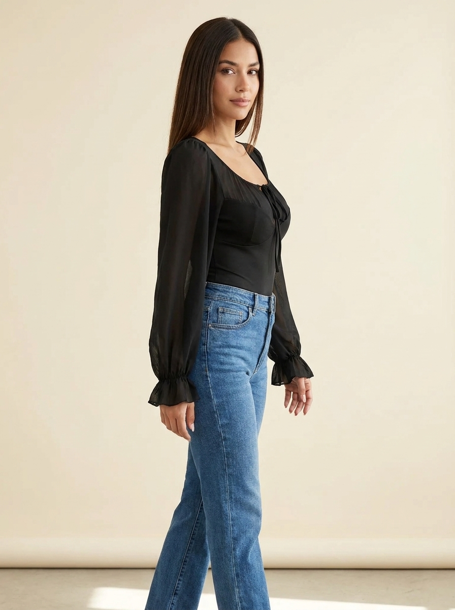 Tie Front Flounce Bodysuit Black side