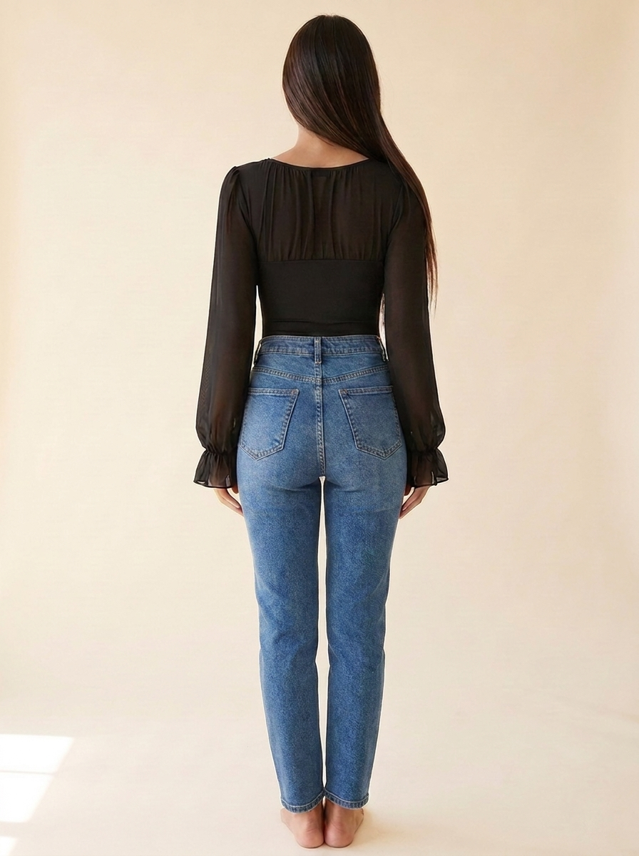 Tie Front Flounce Bodysuit Black back tucked