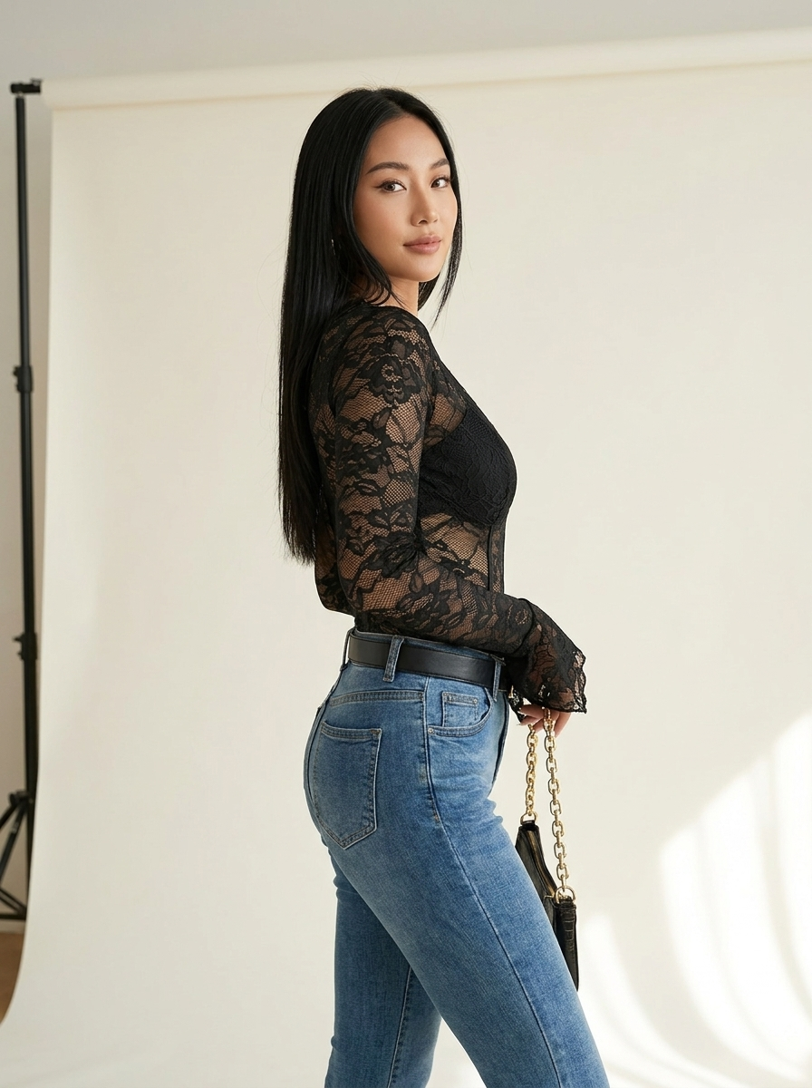Lace Long Sleeve Bodysuit Black side
