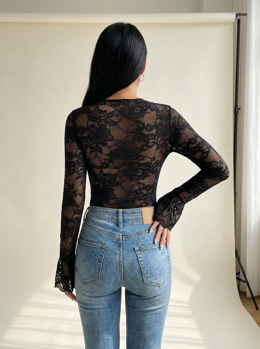 Lace Long Sleeve Bodysuit Black back tucked