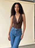 Polka Dot Cowl Bodysuit Coffee Brown front tucked