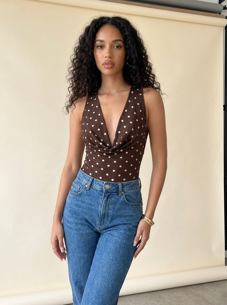 Polka Dot Cowl Bodysuit Coffee Brown front tucked