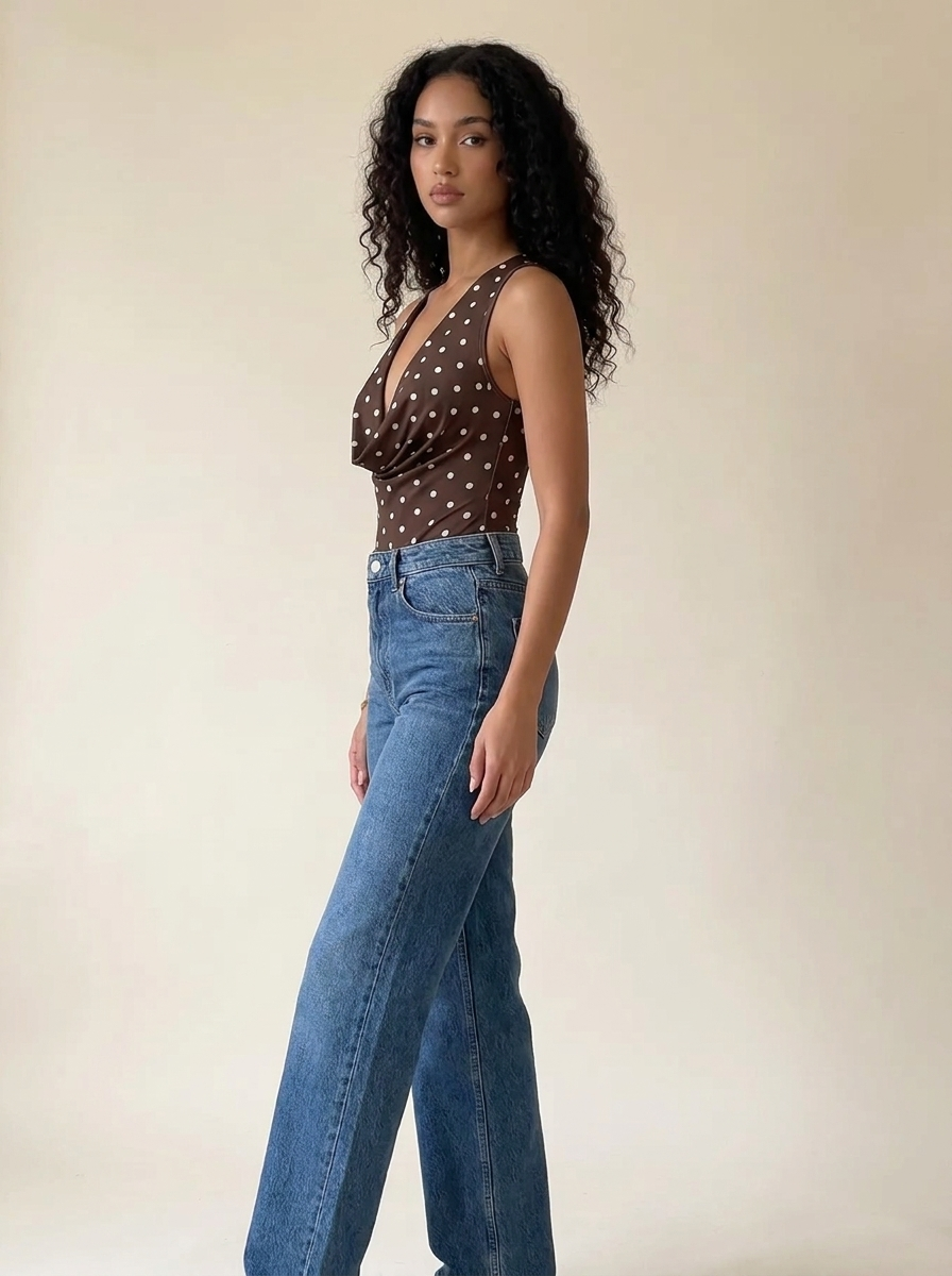 Polka Dot Cowl Bodysuit Coffee Brown side