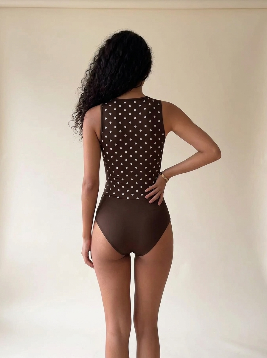 Polka Dot Cowl Bodysuit Coffee Brown bodysuit back
